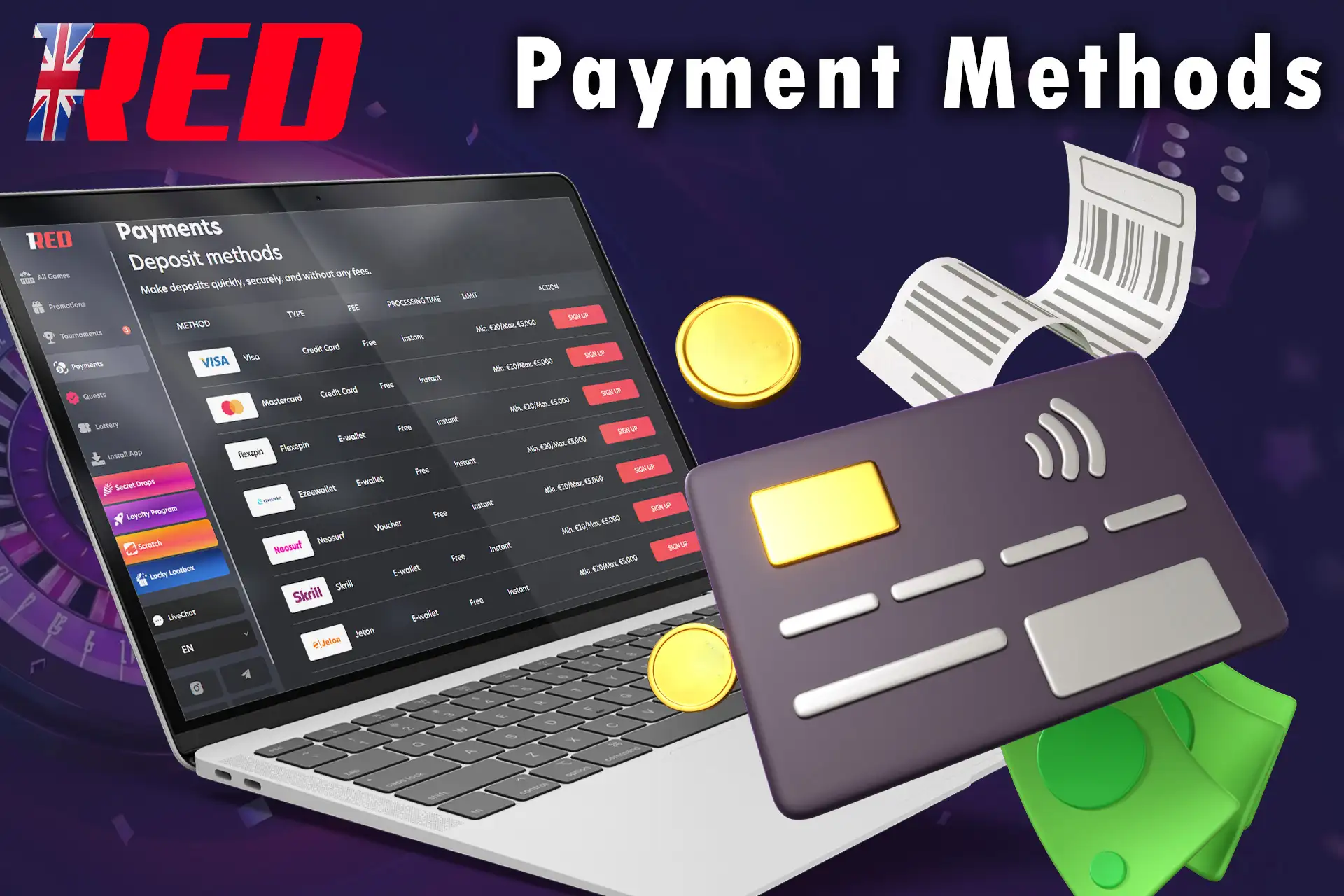 1Red Casino offers a variety of payment methods.
