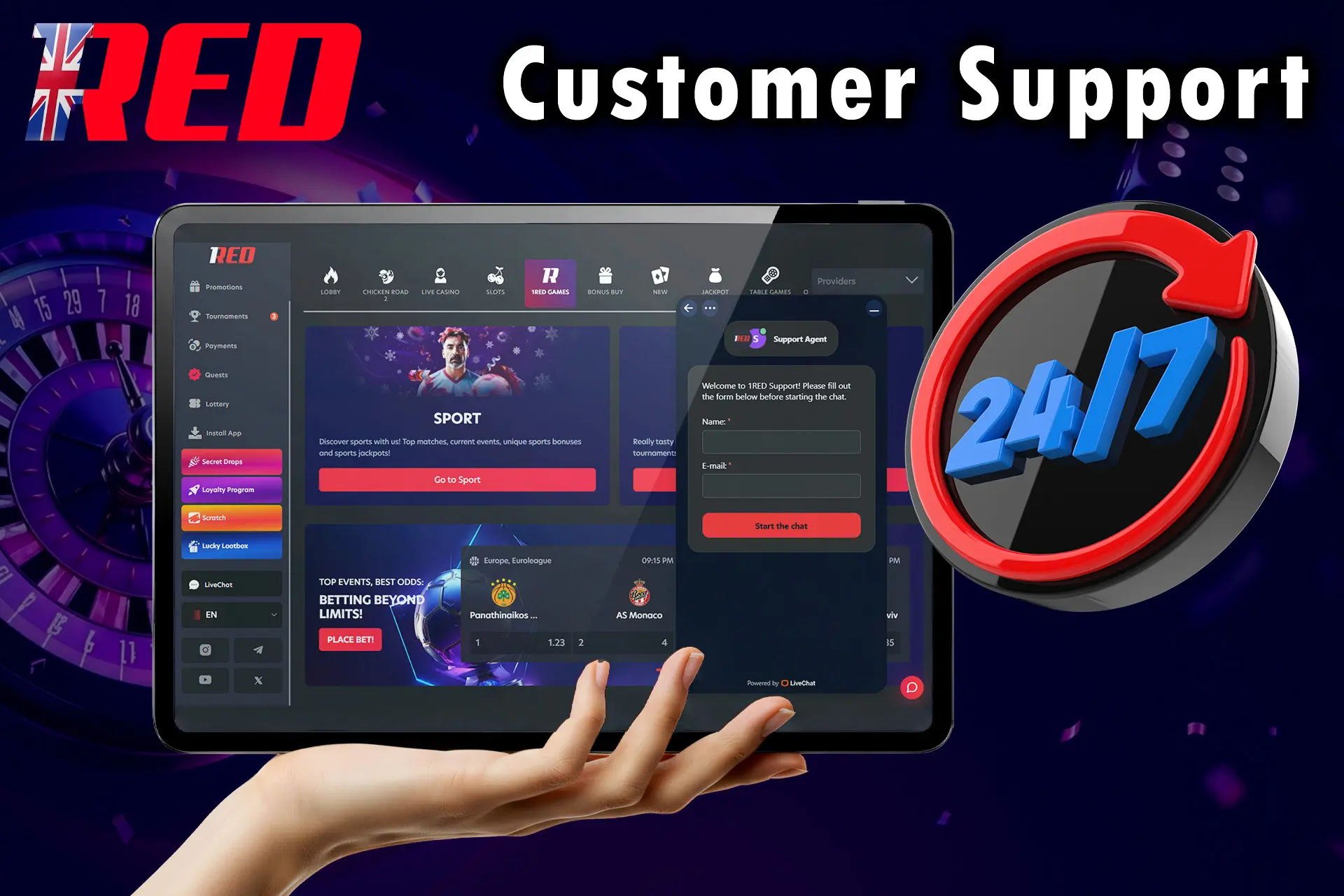 1Red Casino customer support is available 24/7.